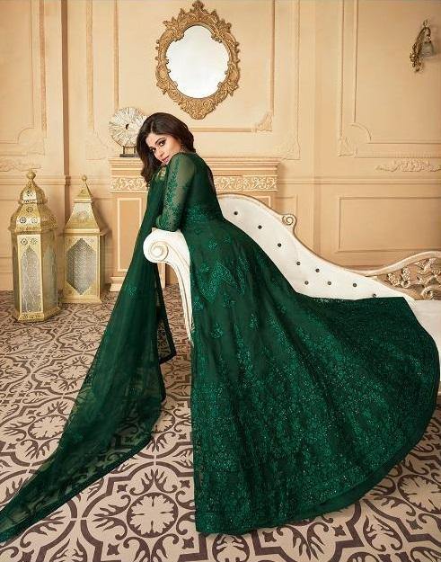 Dark Green Embroidered Anarkali Suit with Net Dupatta for Rent - Glamourental