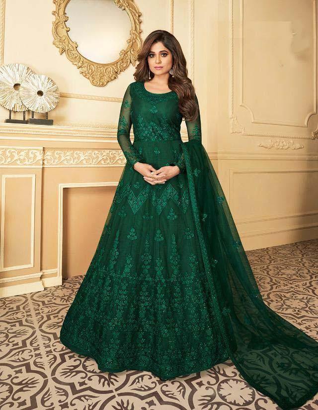 Dark Green Embroidered Anarkali Suit with Net Dupatta for Rent - Glamourental