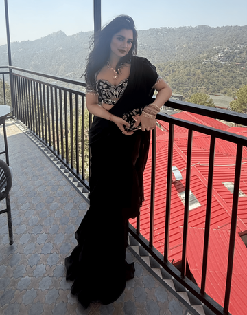 Designer Black Net Blouse with Hand Embroidery & Ruffled Chiffon Pre-Draped Saree Contemporary Party Ensemble