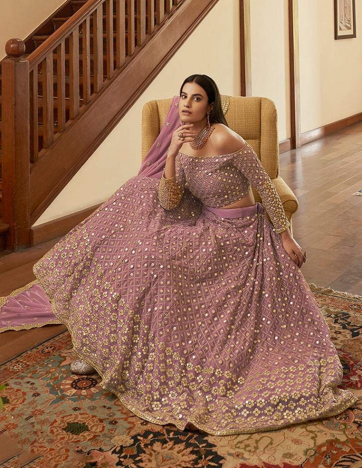 Mauve Georgette Mirror Work Lehenga Set - Rent - Glamourental