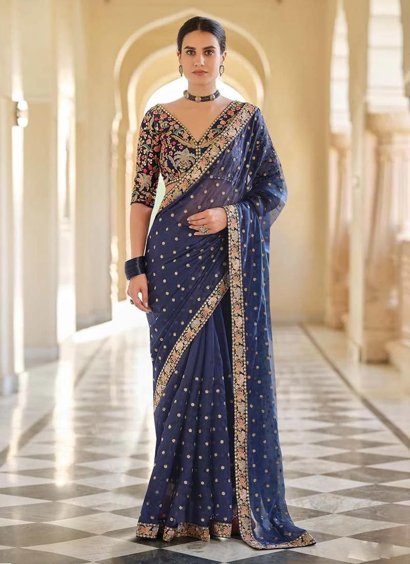 Stylish Navy Blue Ceremonial Embroidered Saree And Blouse - Rent