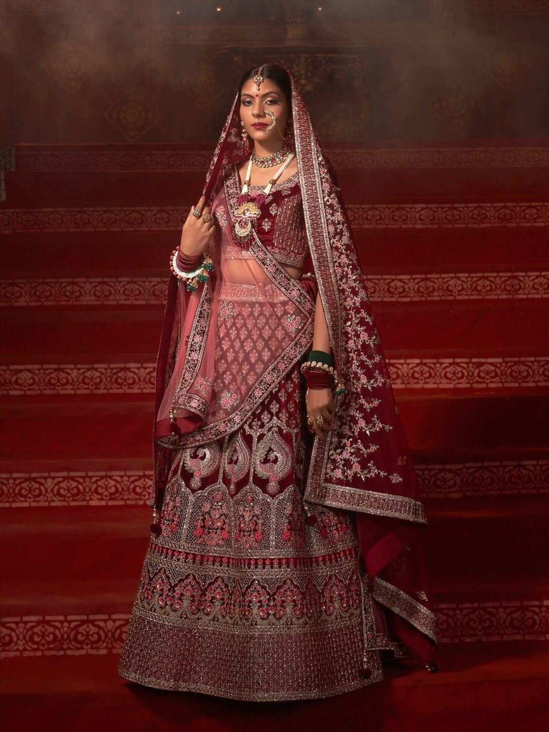 Maroon Heavy Embroidered Velvet Bridal Wear Lehenga Choli - Clearance