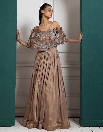 Golden Petal Embroidered Draped Saree Gown