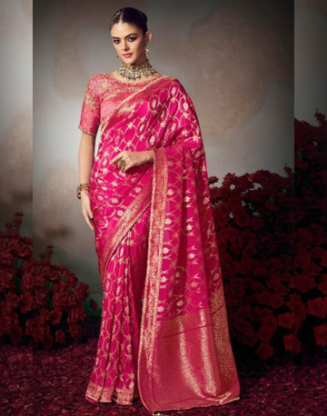 Classic Pink Chiniya Silk Saree with Beautiful Lace Border & Heavy Designer Blouse