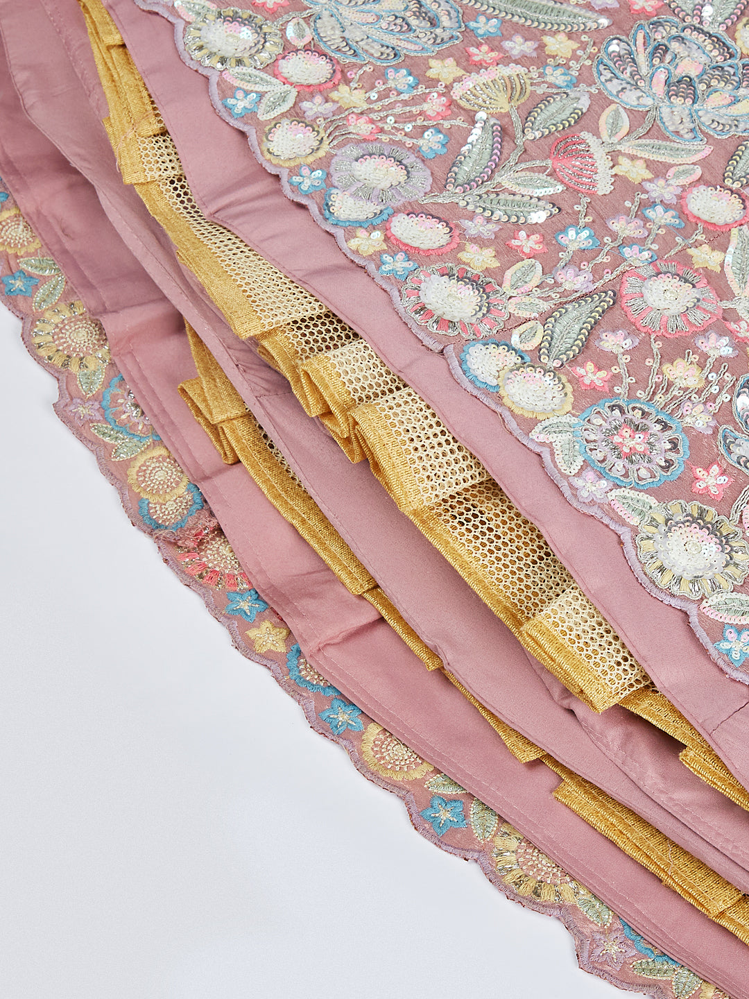 Rose Gold Chiffon Sequins And Thread Embroidery Lehenga Choli & Dupatta - Rent