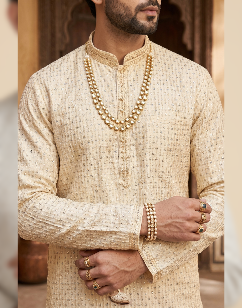 Elegant Cream Embroidered Kurta Pyjama Set for Men Festive & Wedding Wear