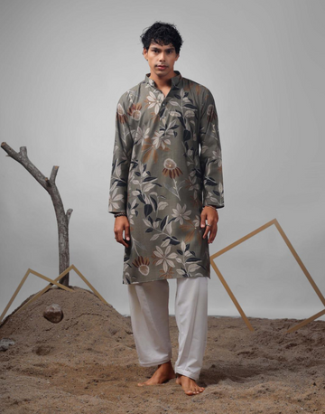 Comfort Meets Style Grey Printed Muslin Kurta Pyjama Set for Men - Buy