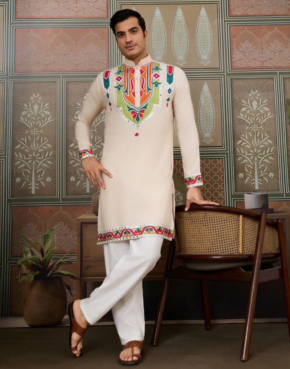 Classic Multicolor Embroidered Kurta Pyjama for Men Graceful Look for Every Occasion - Buy