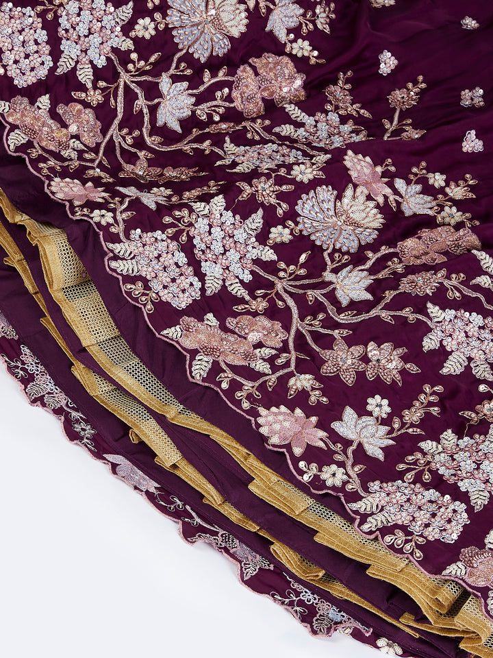Burgundy Pure Georgette Sequins And Thread Embroidery Lehenga Choli & Dupatta  - Rent