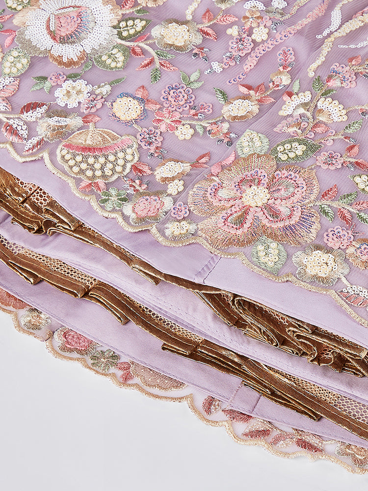 Mauve Net Sequins and Thread Embroidery Semi - Stitched Lehenga Choli & Dupatta