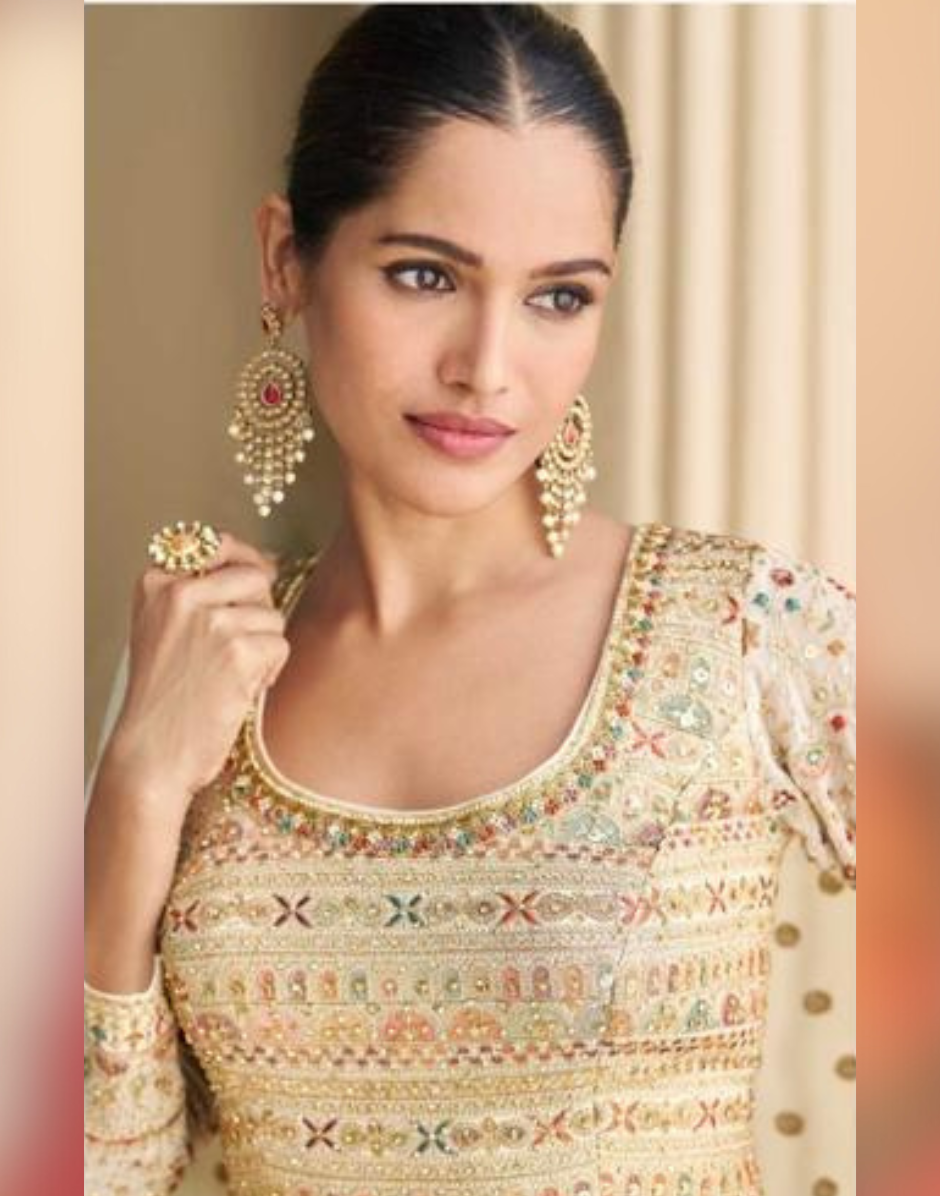 Stylish Cream Georgette Gown with Intricate Zarkan & Seroski Embroidery with Elegant Dupatta - Buy