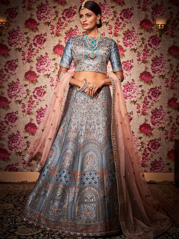 Grey Heavy Embroidered Banarasi Silk Lehenga - Rent