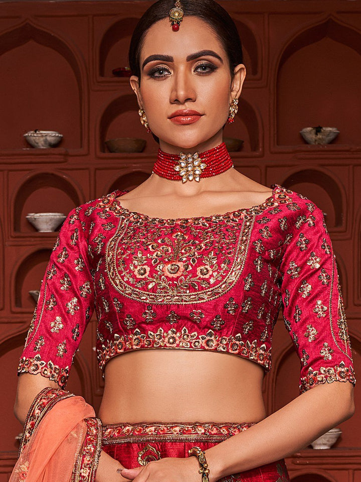 Maroon Embroidered Banaras Silk Lehenga - Clearance