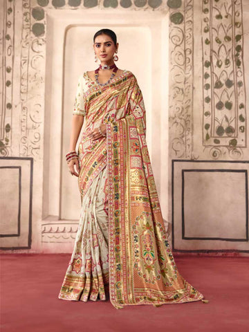 Off-White Dola Zari Silk Saree for Mother of Bride - RENT