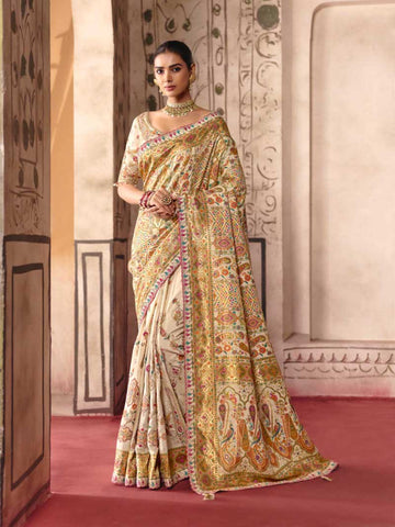 Gold and Off-white Dola Zari Silk Saree for Bride - RENT