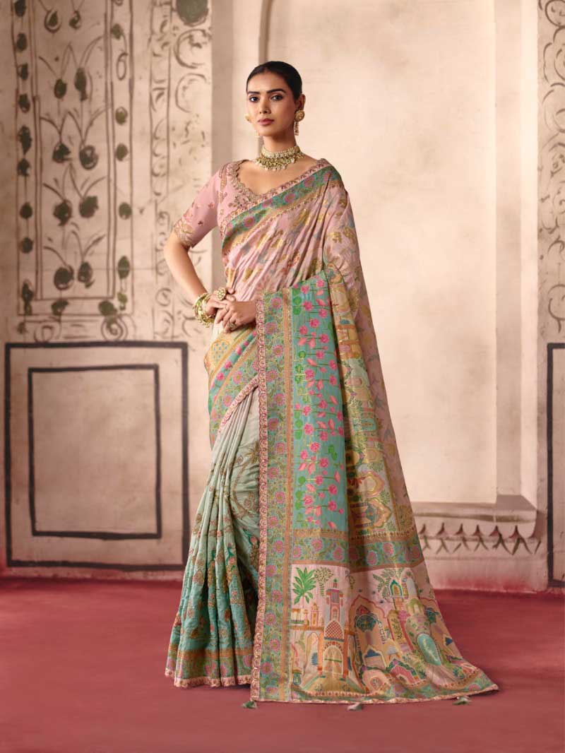 Pink and Blue Dola Zari Silk Saree for Bride - RENT