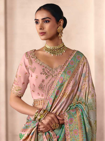 Pink and Blue Dola Zari Silk Saree for Bride - RENT