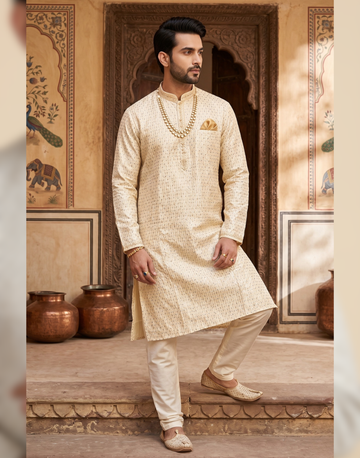 Elegant Cream Embroidered Kurta Pyjama Set for Men Festive & Wedding Wear