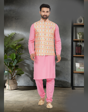 Pink Digital Print Kurta Pajama with Jacket Elegant Ethnic Wear for Men