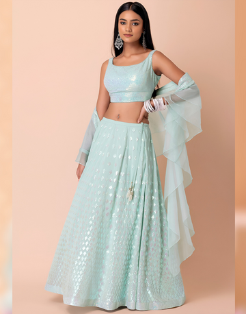 Glamorous Pastel Blue Lehenga Choli with Sequin and Thread Embroidery with Floral Patterns - Buy