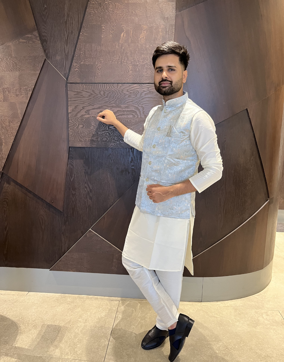 Men’s Kurta Pyjama in Pure Cotton with Intricate Jacquard and Matching Koti - Buy