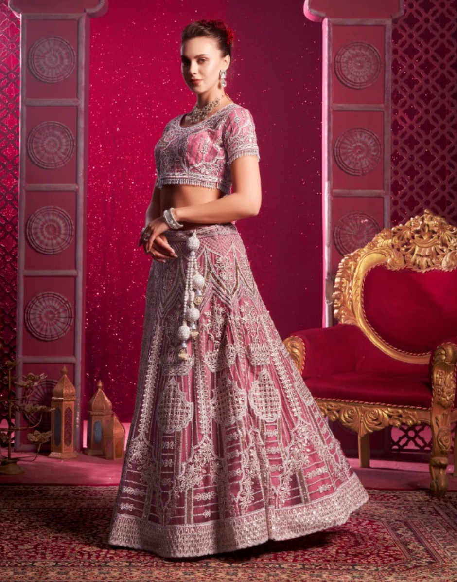 Premium Pink Lehenga Blouse Dupatta Set with Zarkan, Latkans & Hand Embroidery - Buy