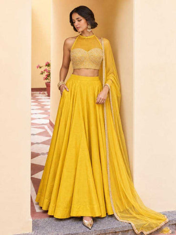 Mustard Yellow Roman Silk Lehenga for Haldi - RENT