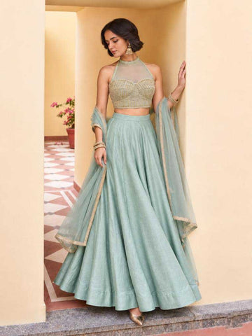 Sky Blue Roman Silk Lehenga for Bridesmaid - RENT