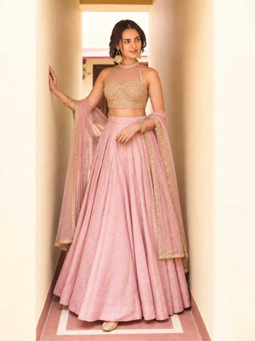 Pink Partywear Roman Silk Lehenga for Guest - RENT