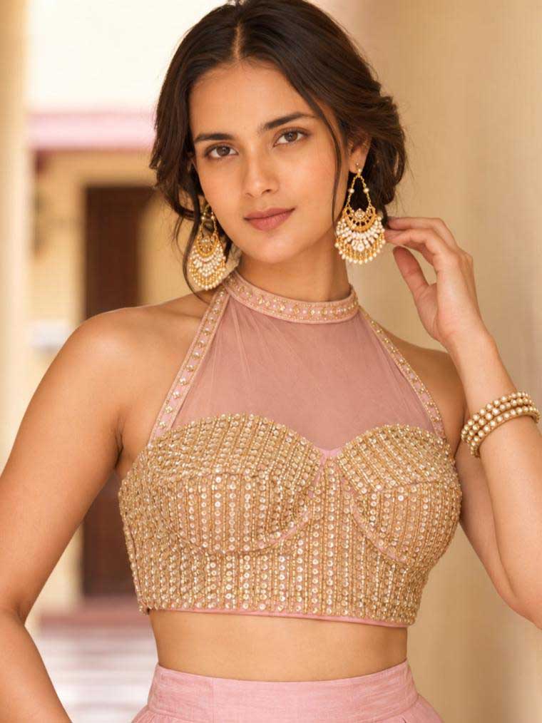 Pink Partywear Roman Silk Lehenga for Guest - RENT