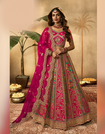 Pink and Green Silk Lehenga for Weddings & Festive Wear Sequin Zarkan Work with Belt & Latkan - Buy