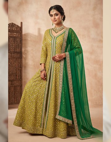 Elegant Olive Green Embroidered Anarkali Suit Set with Emerald Green Dupatta for Women