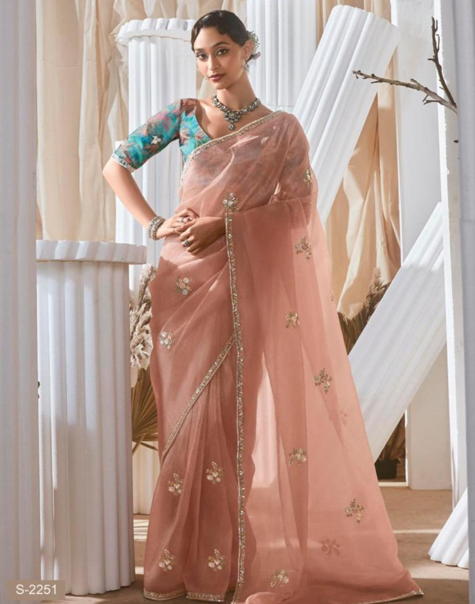 Graceful Embroidered & Embellished Saree with Printed Blouse Elegant Ethnic Ensemble - Buy