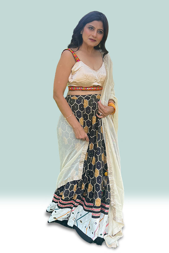 Cream And Brown Navratri Chaniya Choli - Rent