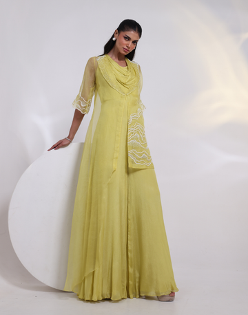 Yellow Two-Piece Set Featuring Cowl Neck Jumpsuit with Flared Bottoms & Sheer Overlay Jacket
