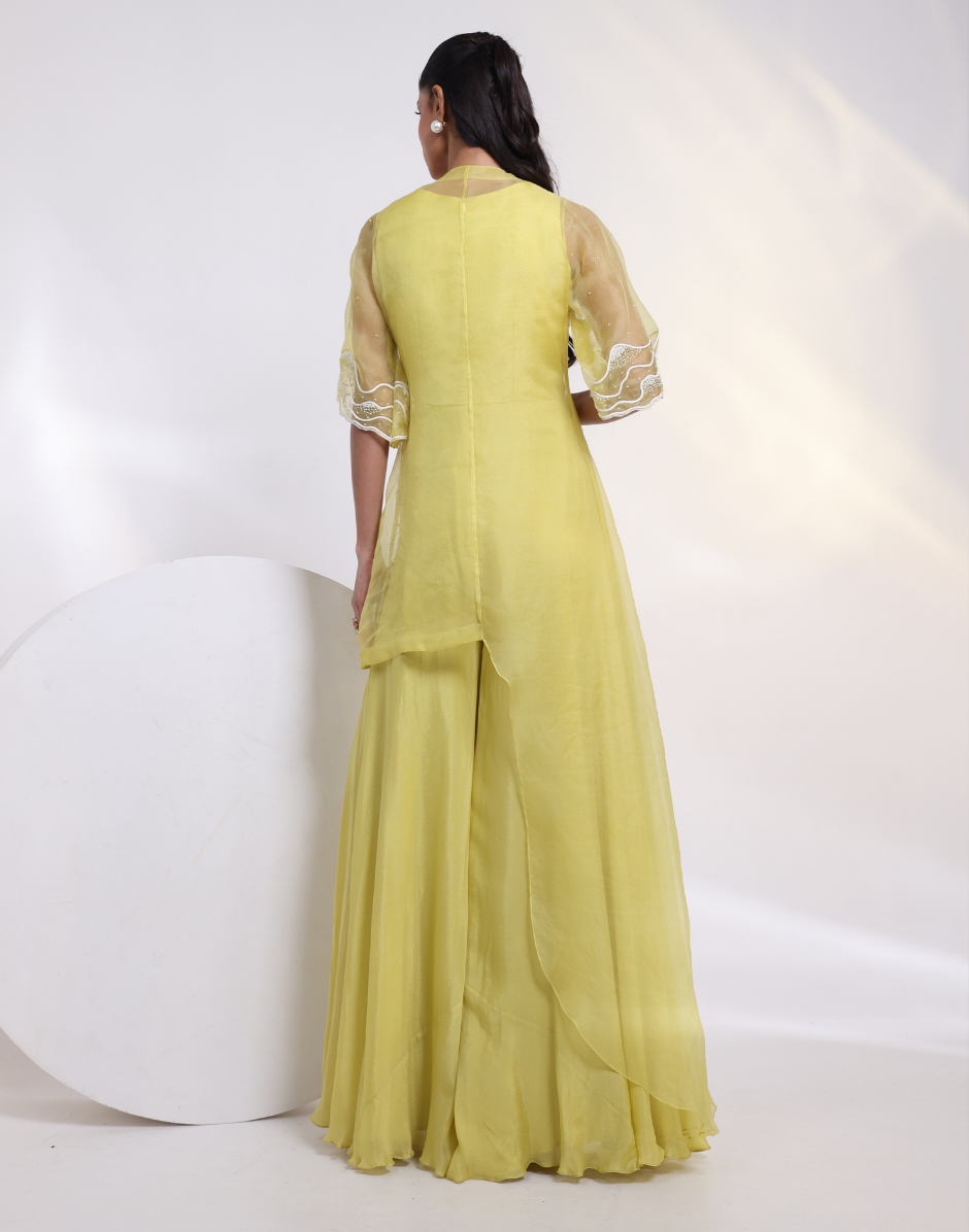 Yellow Two-Piece Set Featuring Cowl Neck Jumpsuit with Flared Bottoms & Sheer Overlay Jacket