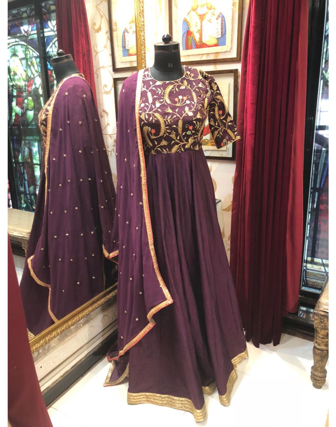 Rent Burgundy Embroidered Anarkali-Women-Glamourental