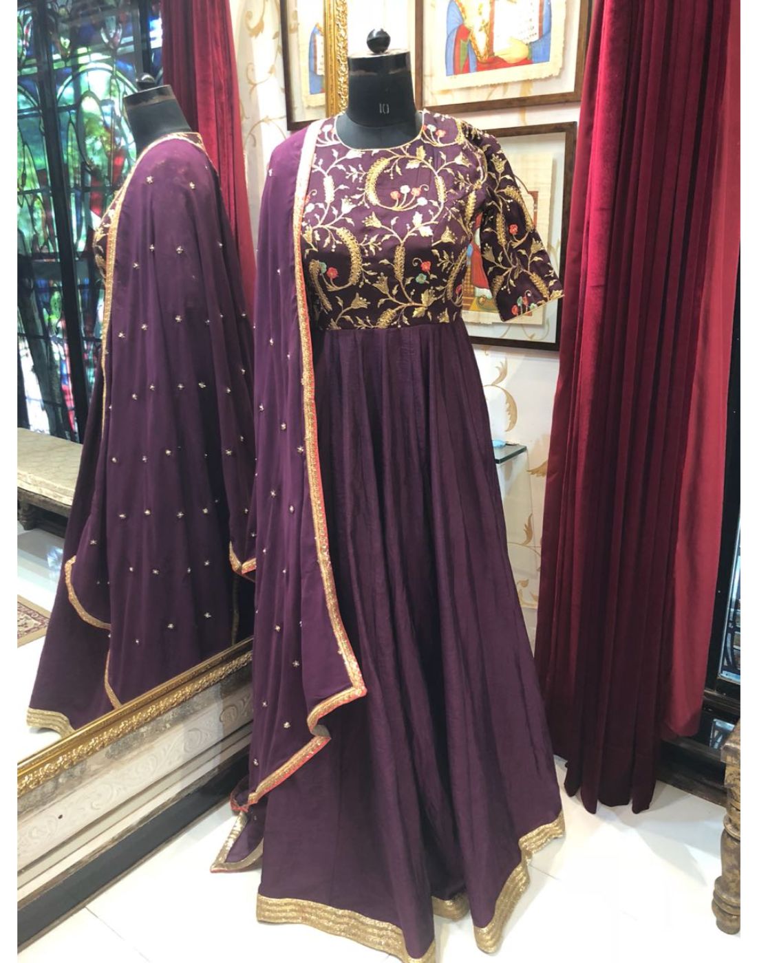 Rent Burgundy Embroidered Anarkali-Women-Glamourental