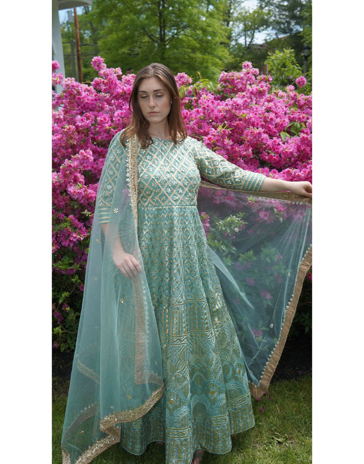Rent Turquoise Silk Floor Length Anarkali-Women-Glamourental