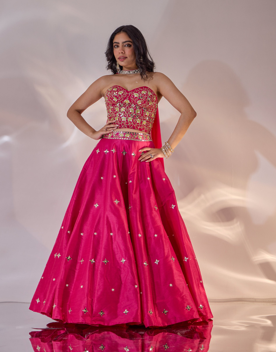 Aarzu Pink Silk Lehenga Set with Hand Embroidery, Georgette Corset & Choker-Style Dupatta