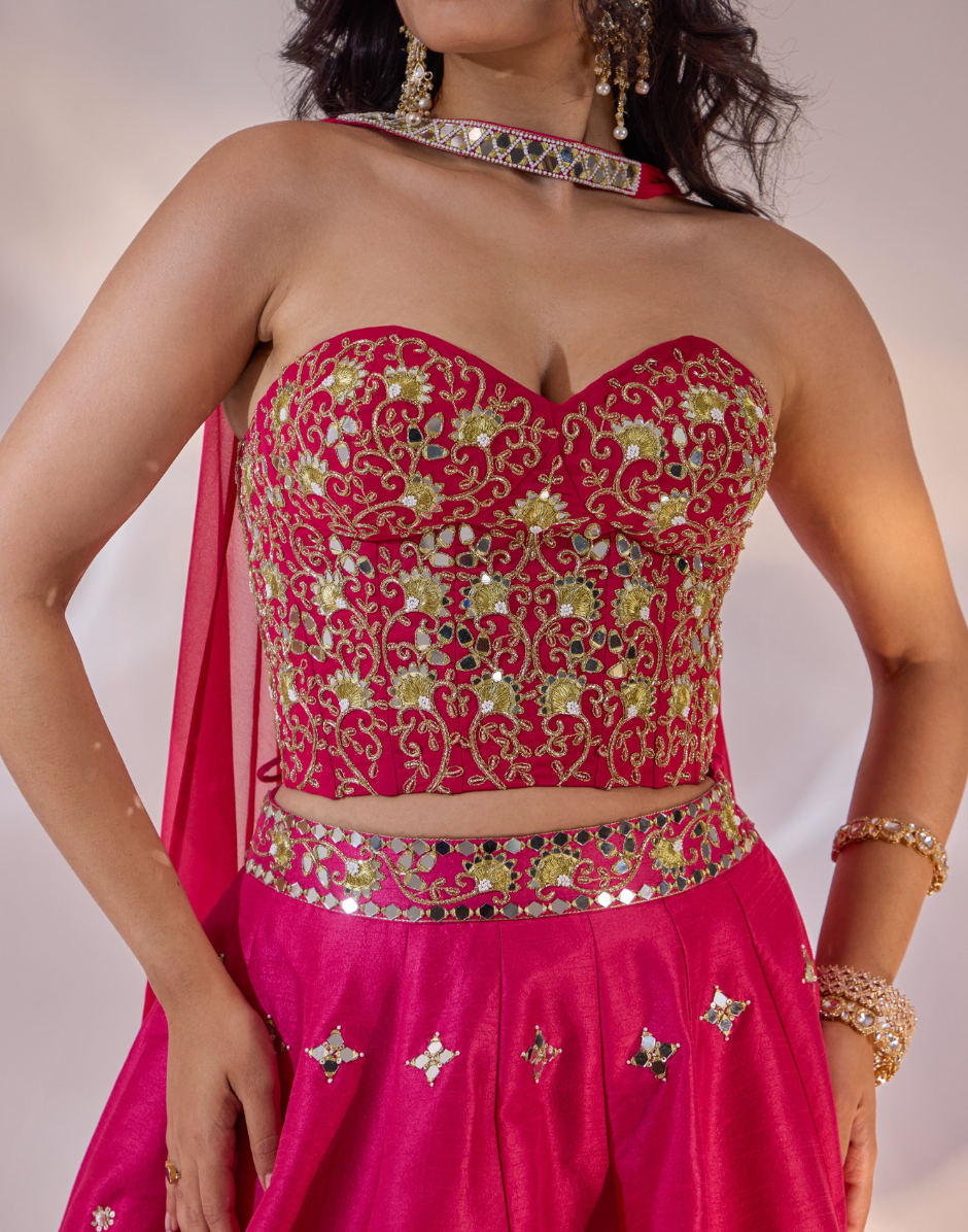 Aarzu Pink Silk Lehenga Set with Hand Embroidery, Georgette Corset & Choker-Style Dupatta_3