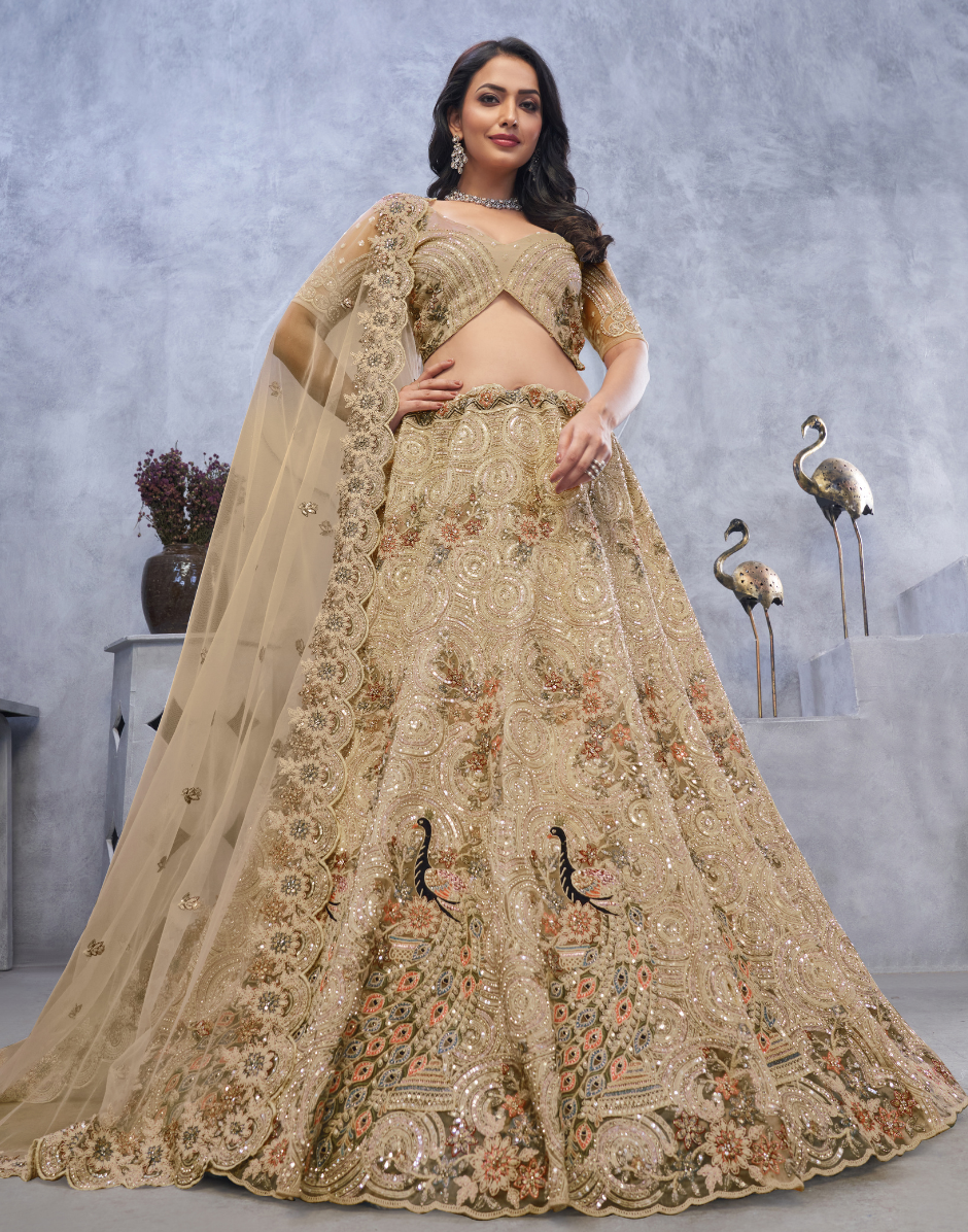 Alluring Bel Butti Pattern Golden Lehenga Choli