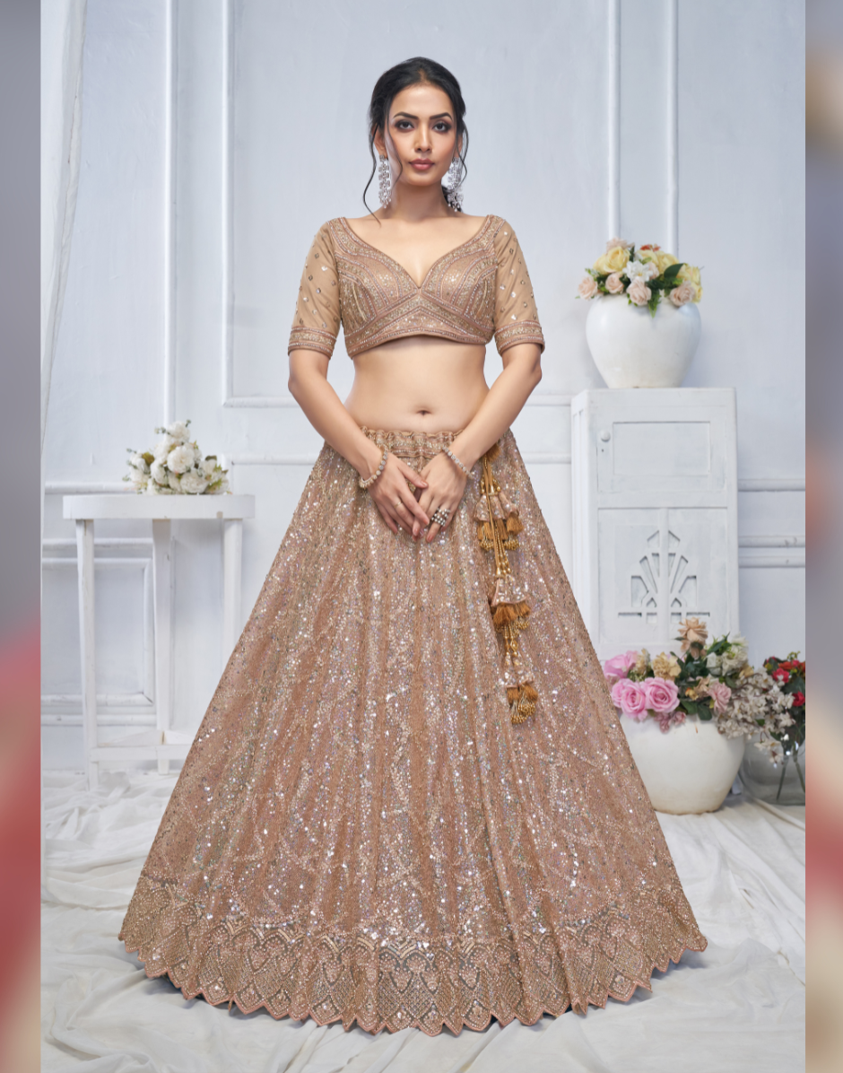 Alluring Brown Sequins Net Bridesmaid Lehenga Choli With Dupatta
