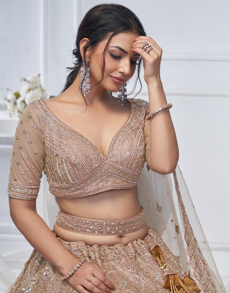 Alluring Brown Sequins Net Bridesmaid Lehenga Choli With Dupatta