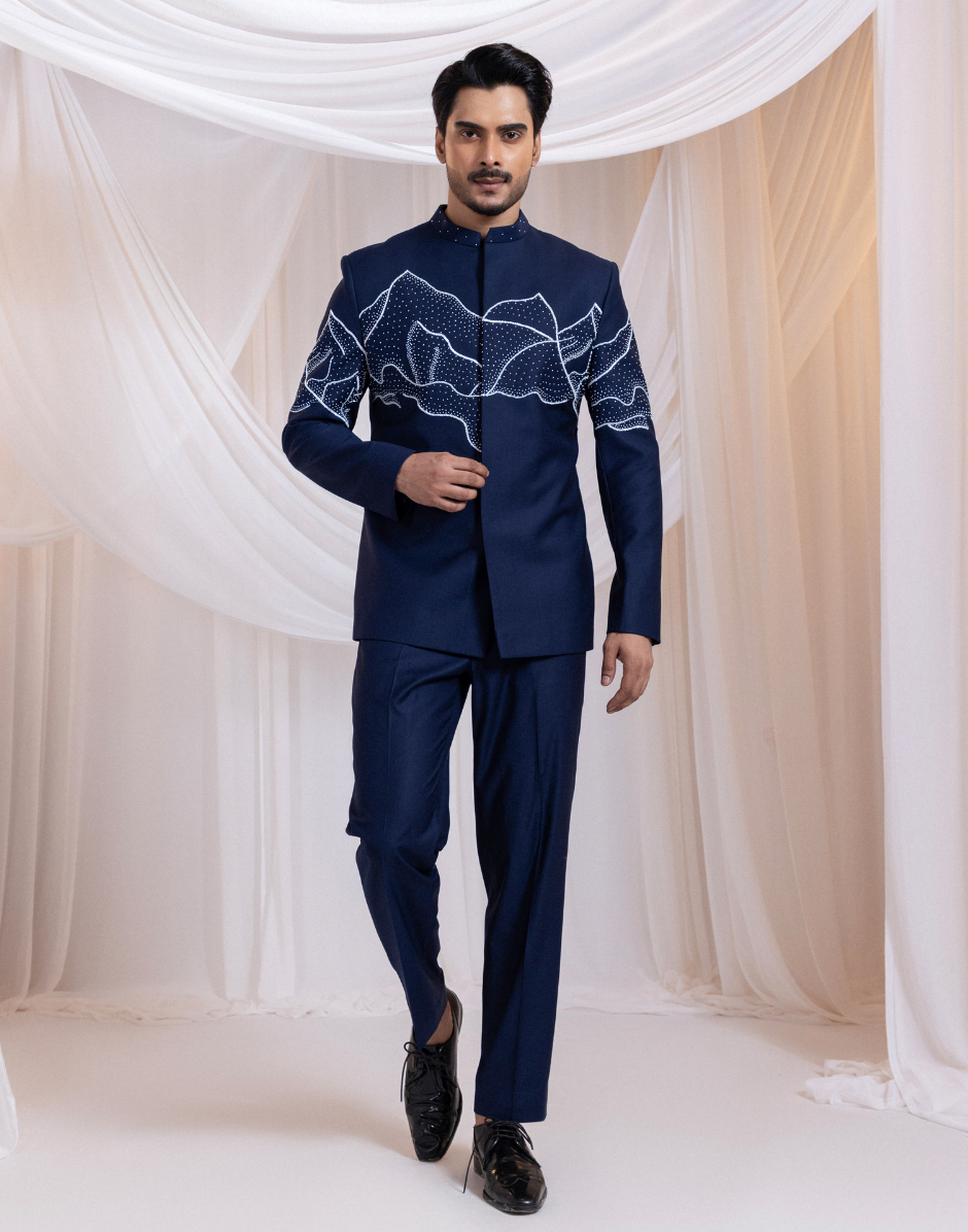 Alpine Edge Navy Bandhgala Set Mountain Ridge Embroidered Jacket with Matching Suiting Trousers