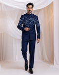Alpine Edge Navy Bandhgala Set Mountain Ridge Embroidered Jacket with Matching Suiting Trousers
