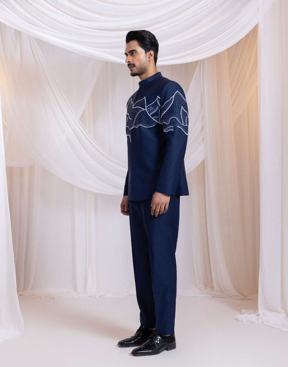 Alpine Edge Navy Bandhgala Set Mountain Ridge Embroidered Jacket with Matching Suiting Trousers_2