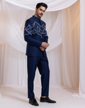 Alpine Edge Navy Bandhgala Set Mountain Ridge Embroidered Jacket with Matching Suiting Trousers_3