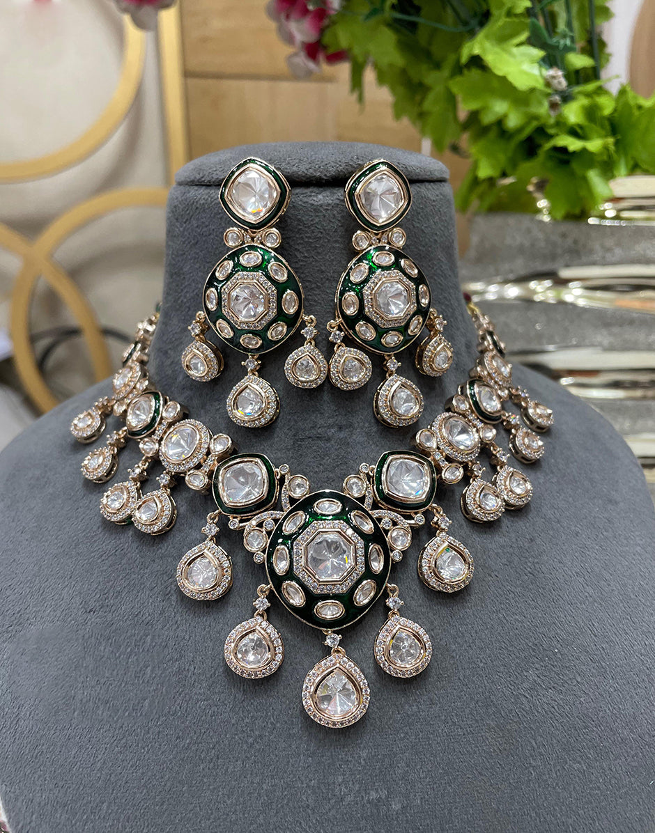 Antique Green Kundan Necklace with Earrings Ethnic Jewelry for Women