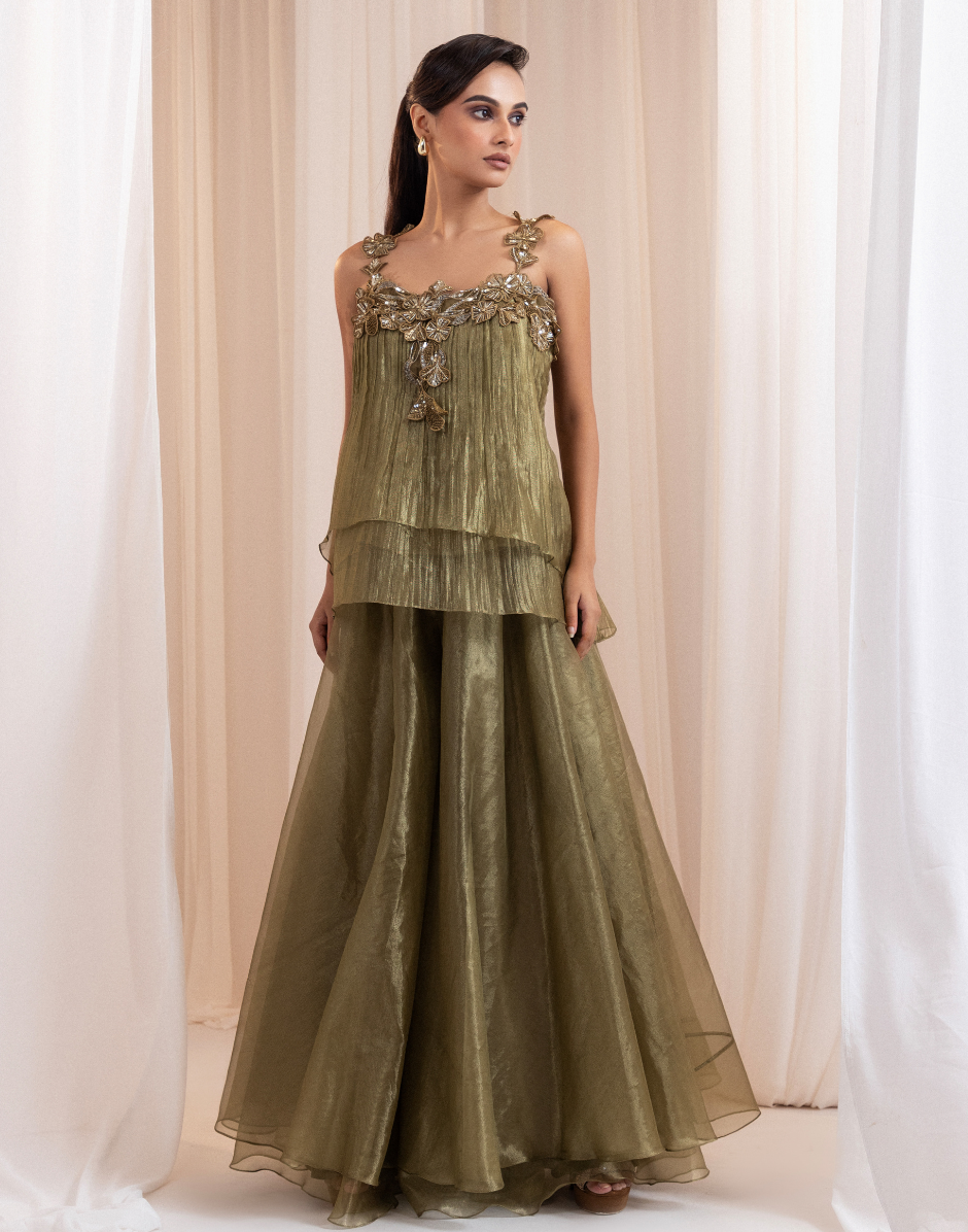 Antique Olive Green Two-Piece Set with Pleated Peplum Top and Flared Pants